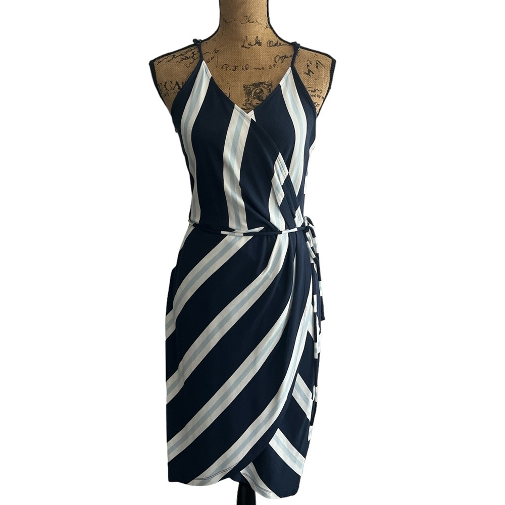 Navy blue and white wrap dress
